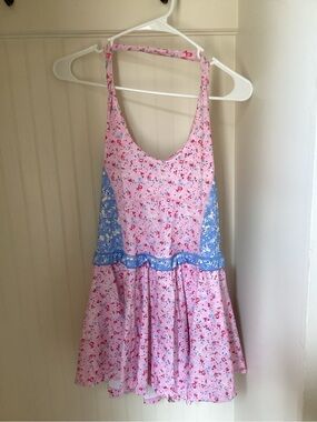 LoveShackFancy Pink and Light Blue Floral Halter Dress
